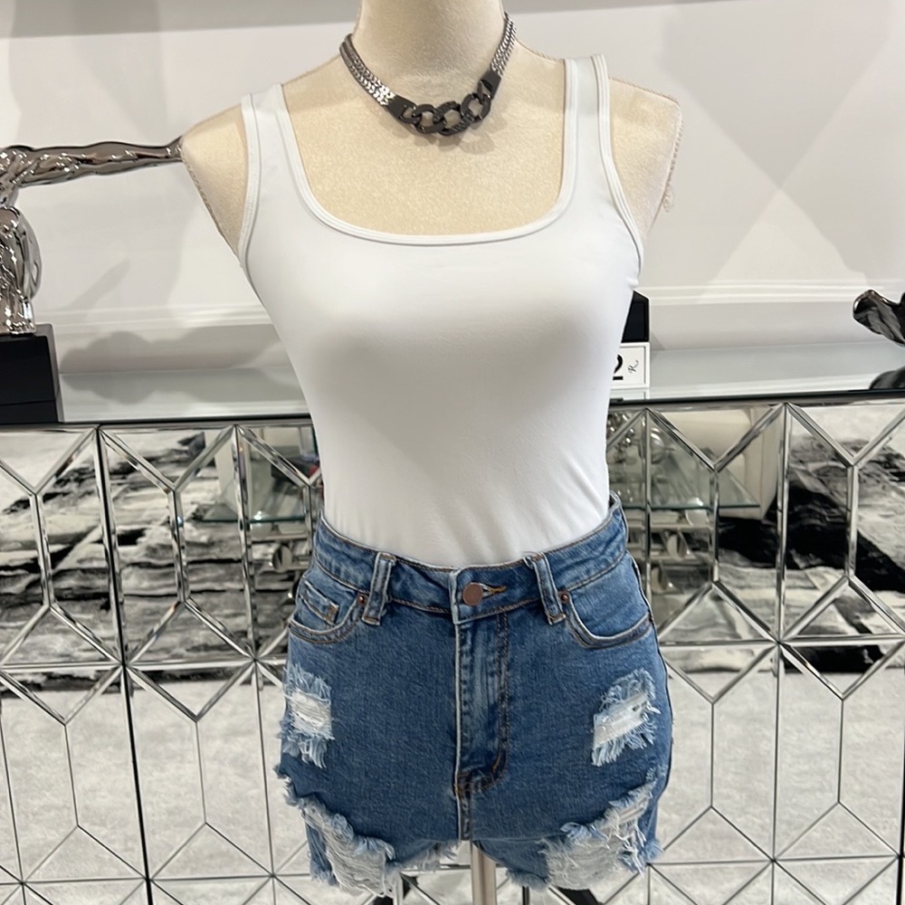 Blue denim destroyed frayed hem shorts